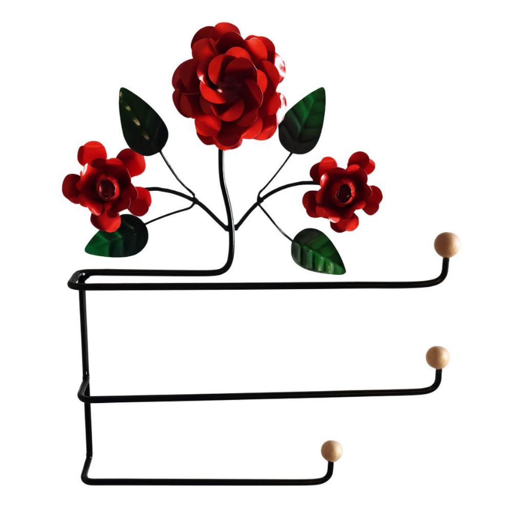 Porta filme, papel, alumínio 3 em 1 / Porta rolo em ferro com rosas Artesanal