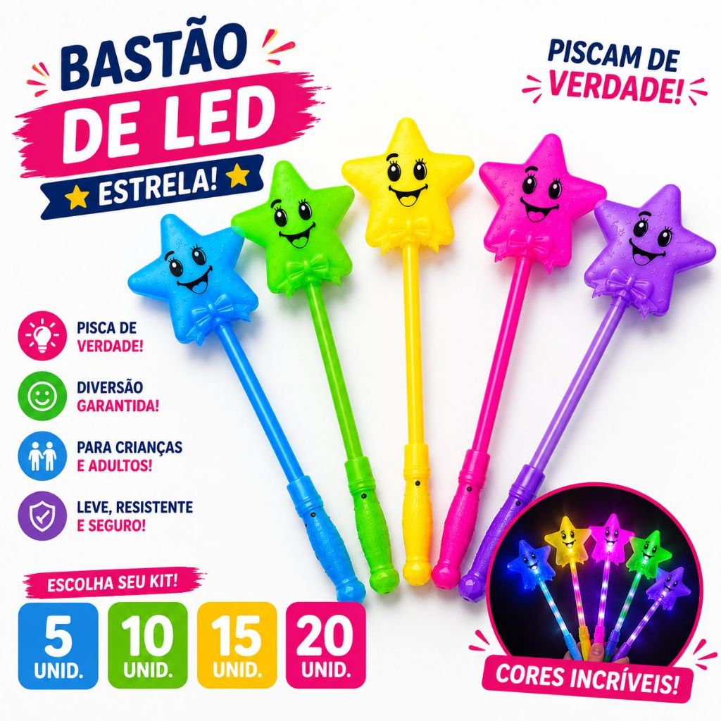 Kit 10 Varinhas de estrela bastão de Led luz neon coloridas brinquedo Lembrancinha Festa Presente