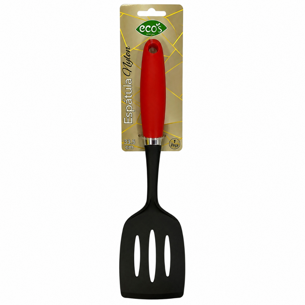 Espátula Vazada de Nylon 33,5cm Preta com Cabo Vermelho – Não Risca Panelas, Resistente ao Calor