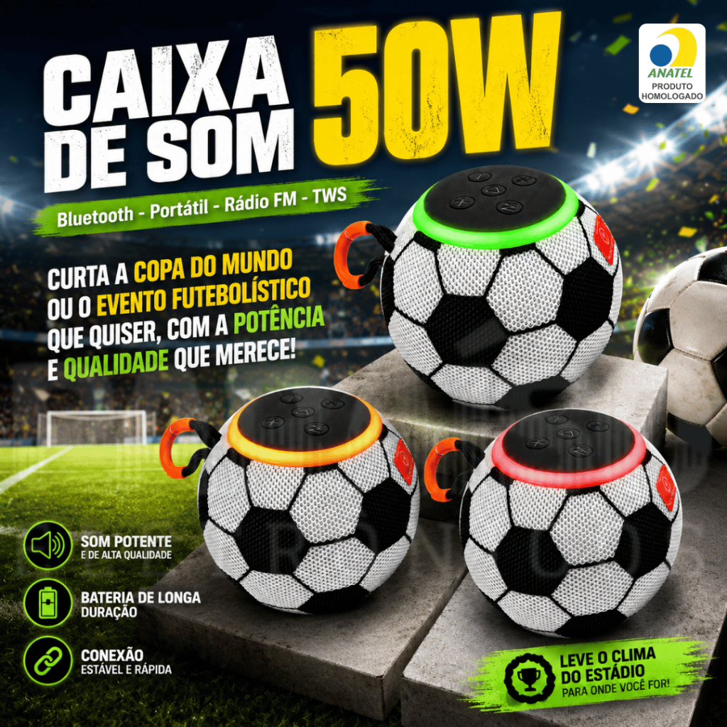 Caixa de Som Bluetooth Portátil Potente 50W Rádio FM Pen Drive RGB TWS IPX5 Kapbom FUTEBOL - OFERTA