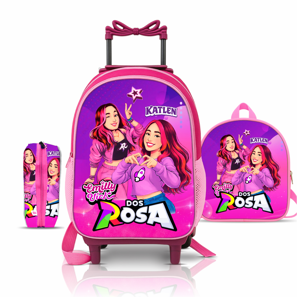 Kit Mochila Escolar dos Rosas com Lancheira e Estojo - Rodinhas - Menina - Feminino - Escolar - Rodinhas