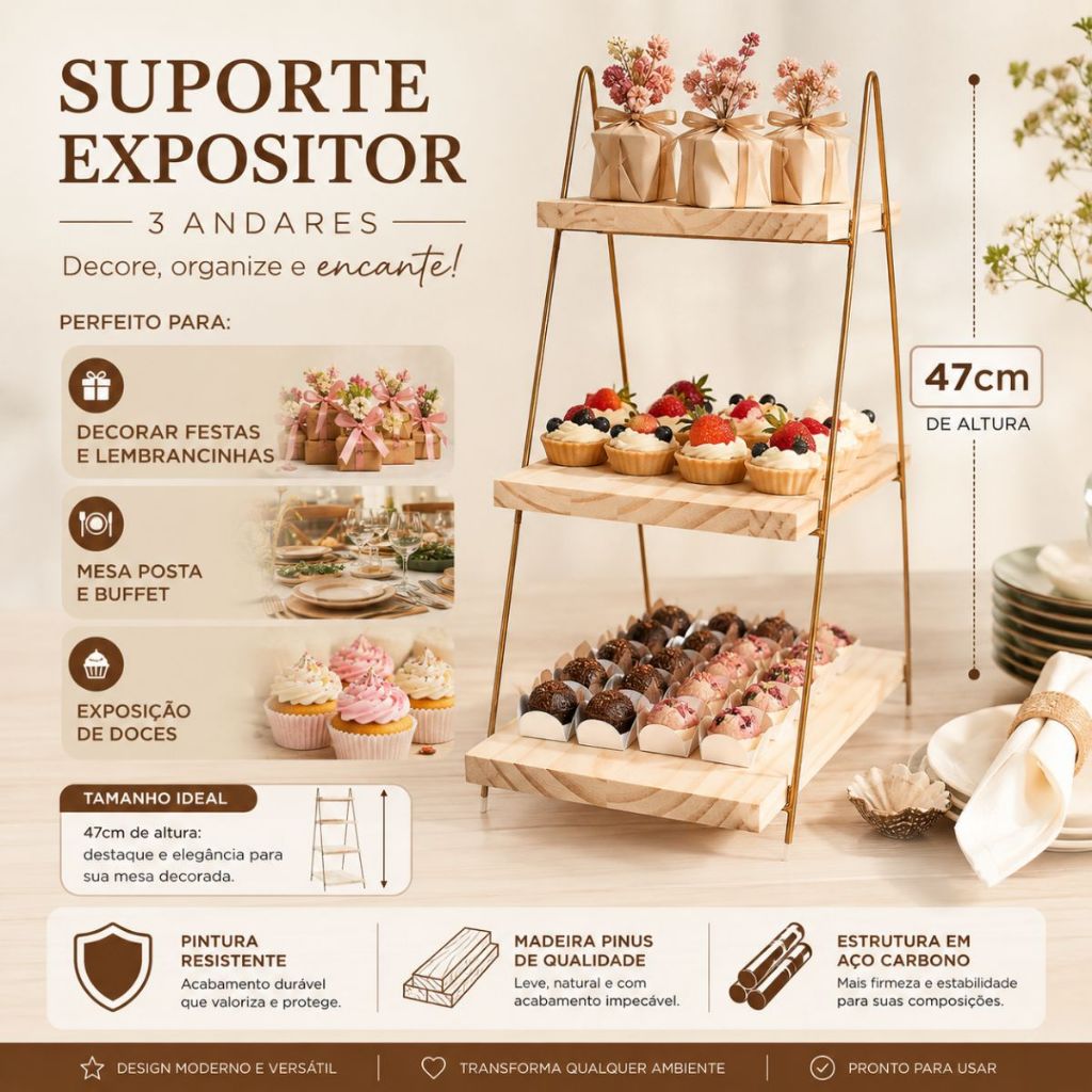Suporte Expositor 3 Andares Para Festa Mesa Posta Doces e Lembrancinhas Escadinha Decoração De Festa