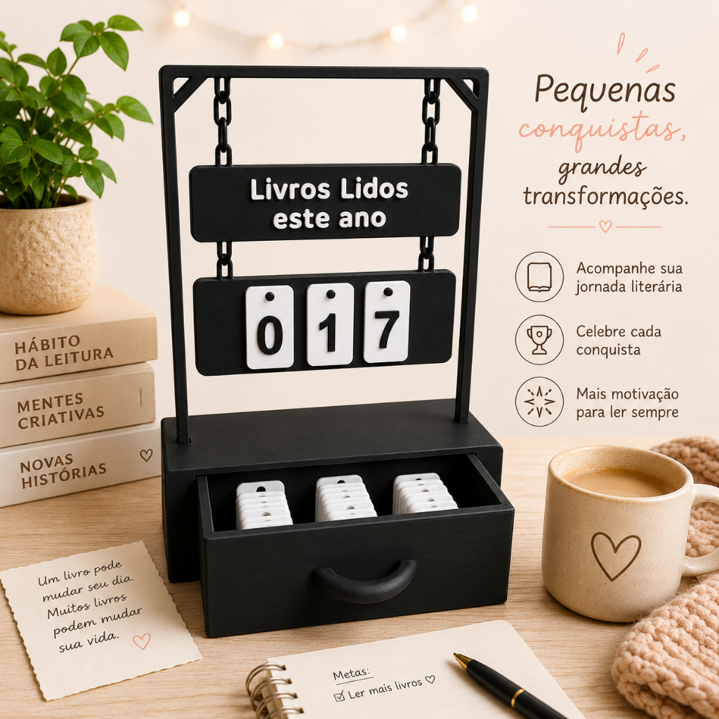 Contador de Livros Lidos Anual Com Gavetinha Decorativo Presente