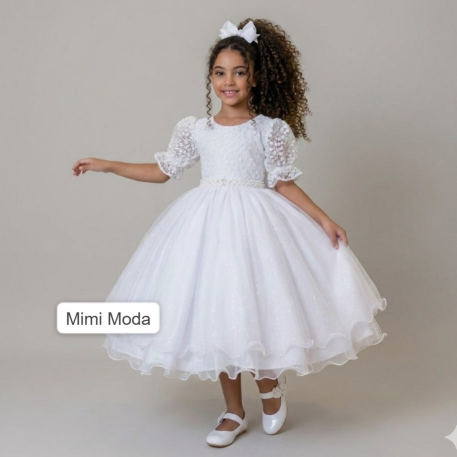 Vestido Menina Infantil Branco Renda Glitter Florista Formatura Casamento Batizado Daminha Noivinha