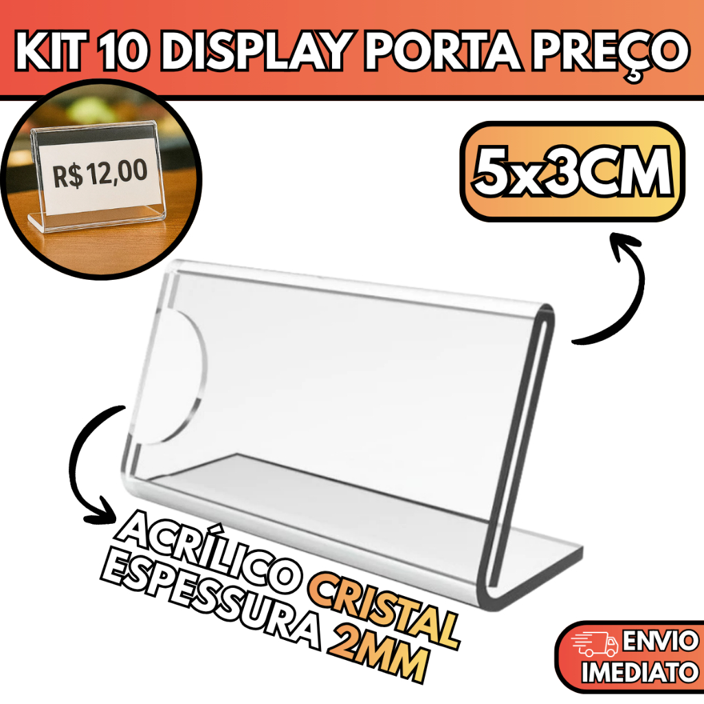Kit 10 Display Acrílico Porta Preço 5x3cm Etiqueta Expositor Buffet Vitrine