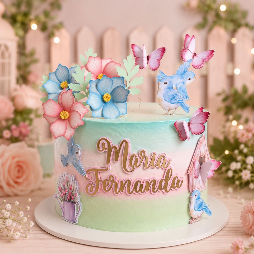 Topo de Bolo Jardim Encantado Personalizado | Jardim Aquarela | Flores e Borboletas 3D  Nome e Idade