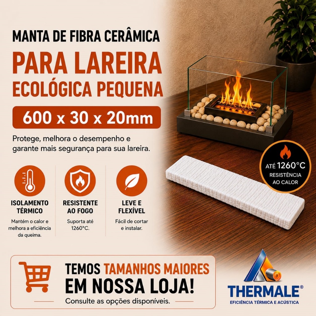Manta lareira pequena 60X3X2cm - Lareira ecológica de alta performance, suporta 1260º.