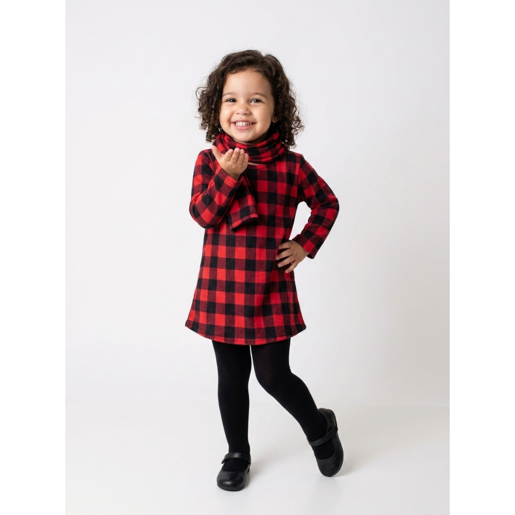 Vestido Xadrez com Cachecol Flanelado Menina Infantil Festa Junina Arraial Caipira Manga Longa