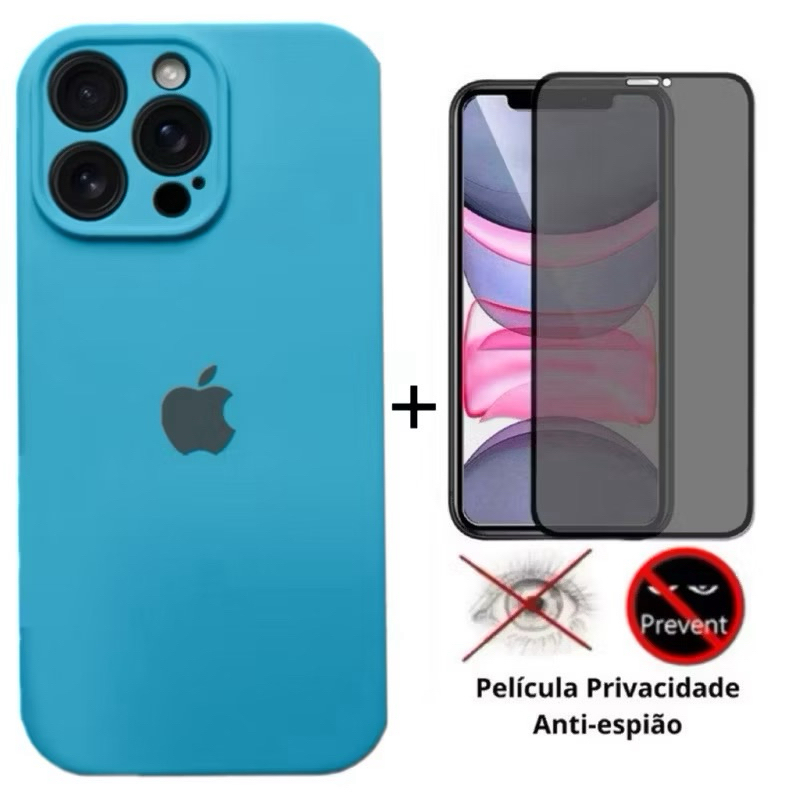 Kit Capa de Silicone Aveludada com proteção de câmera com Película privacidade para iphone 12 12Pro 12Promax.