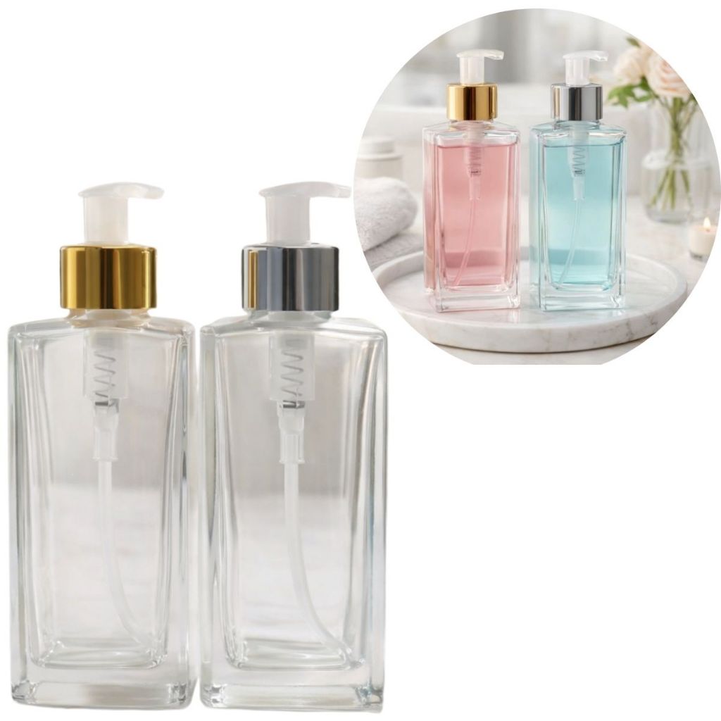 Kit 02 Frascos Square 250ml de Vidro com Válvula Luxo para Sabonete Líquido- Não acompanha liquido