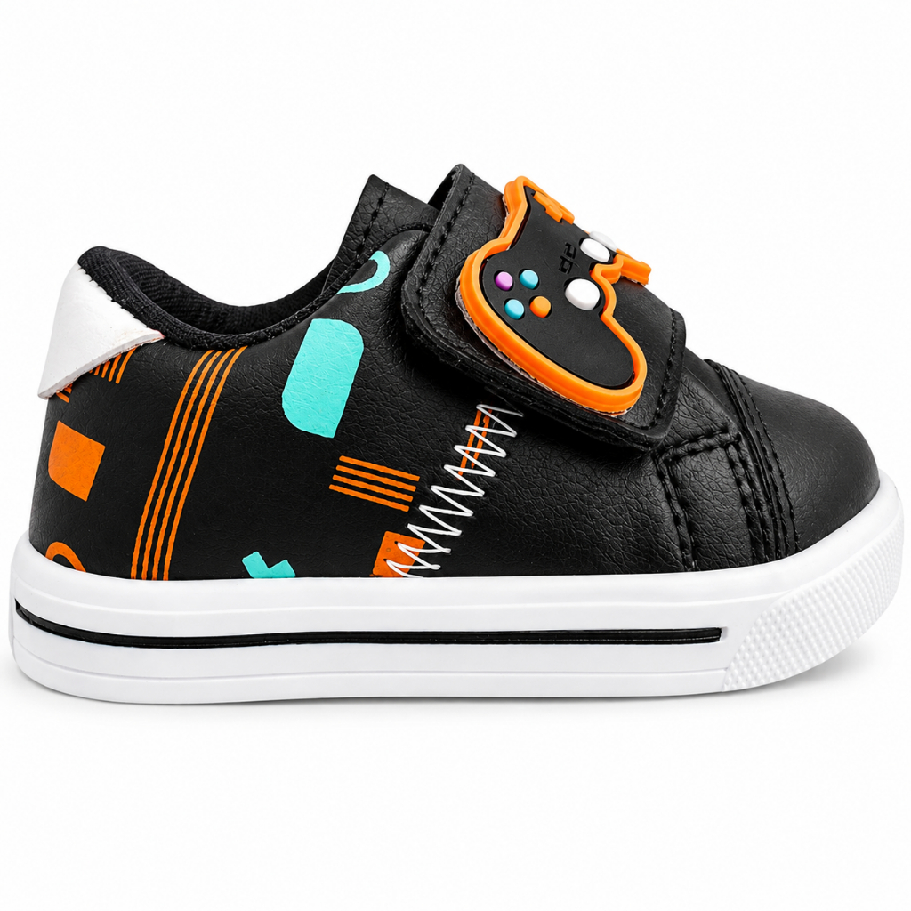 Tênis Bebê Infantil Masculino Casual Preto Videogame Antiderrapante Confortável Velcro Leve