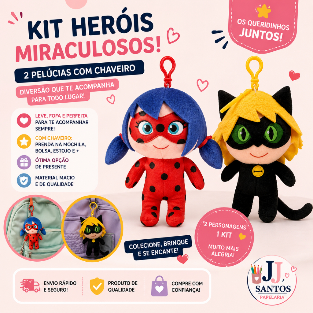 KIT PELÚCIAS MIRACULOSAS COM CHAVEIRO – LADYBUG E CAT NOIR - LEMBRANCINHA - BRINQUEDO  -CHAVEIRO INFANTIL MOCHILA