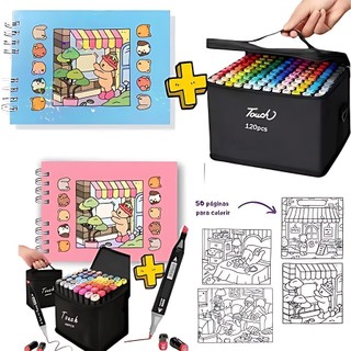 Kit Livro De Colorir Capa Dura 50 Páginas + 12/24/36/60/80/100/120 Cores Caneta Marcadora Ponta Dupla