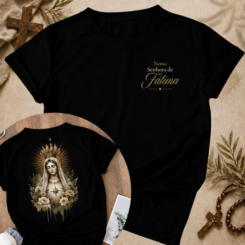 Camiseta Nossa Senhora de Fátima Streetwear Religioso Unissex 100% Algodão Estampa Premium Católica Passeio e Dia a Dia