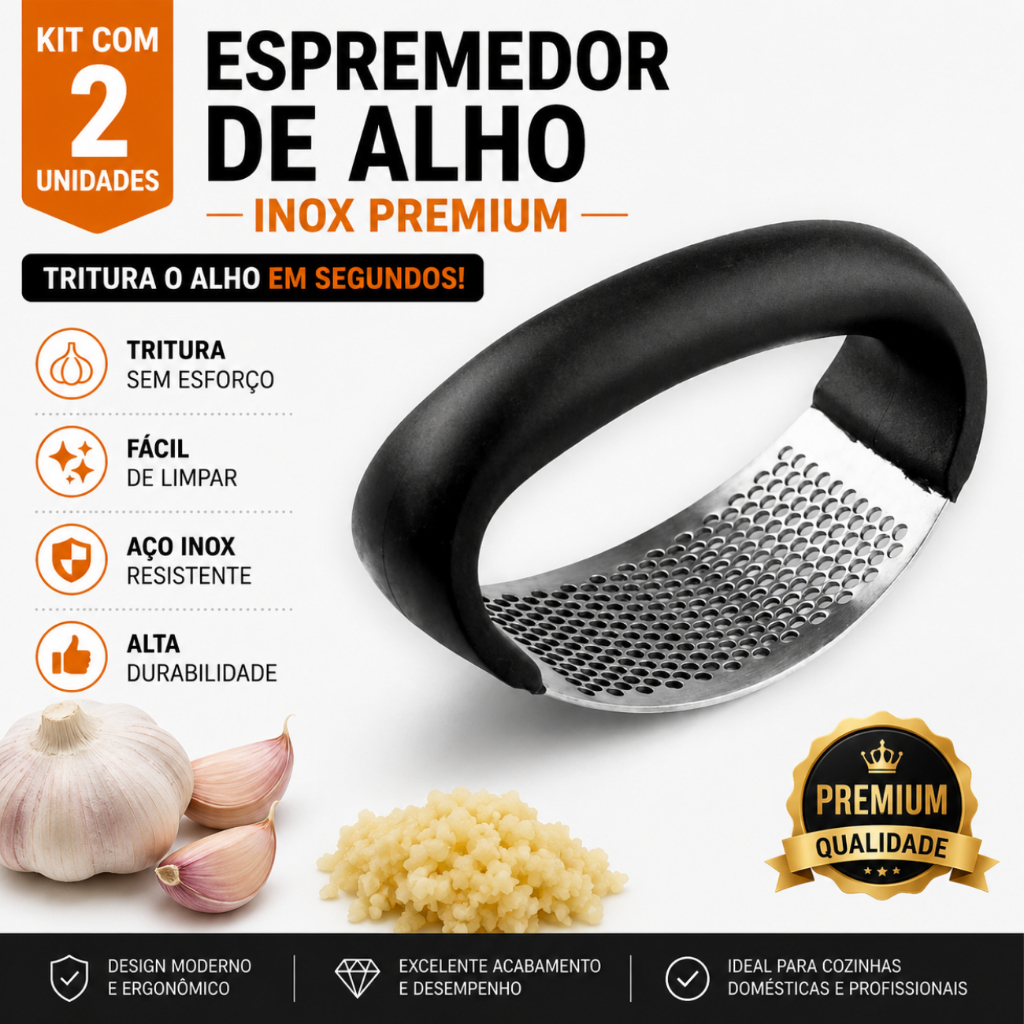 Kit Espremedor Amassador Triturador De Alho Aço Inox Manual Pratico Cozinha