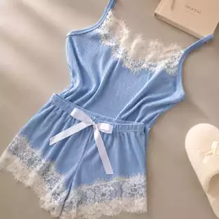 Pijama Baby Doll Canelado Com Renda Luxo Sensual Fresquinho Rendado Confortável