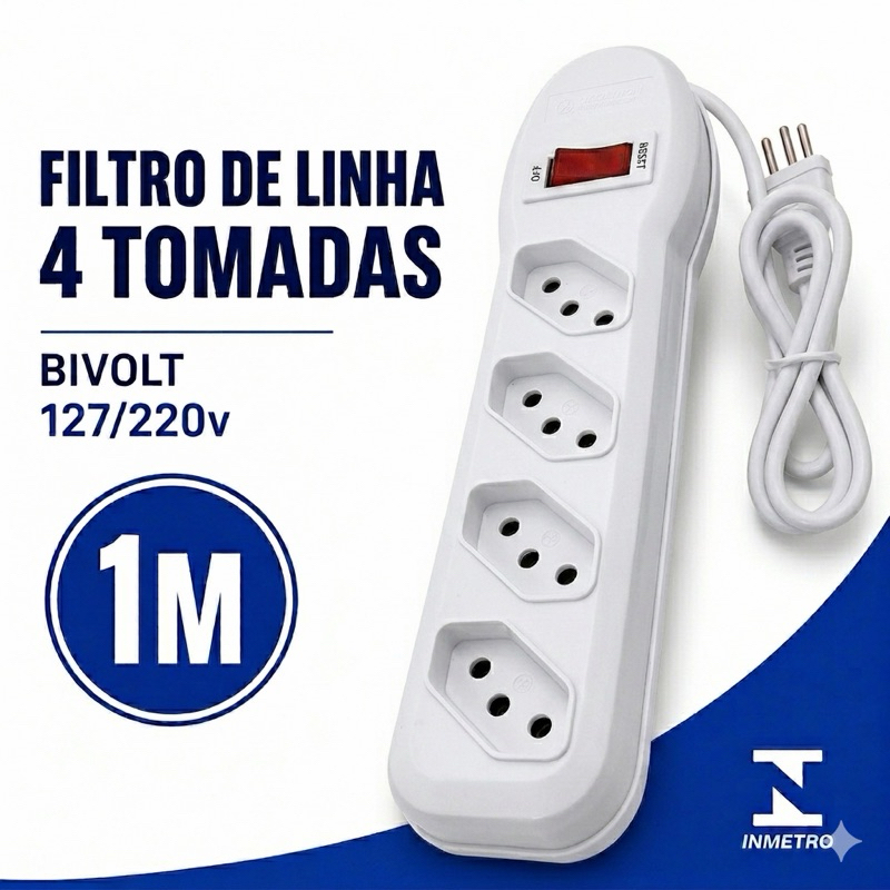 Régua Extensão Elétrica Filtro de Linha BRANCO 4 Tomadas Cabo 1Metro Megatron INMETRO 10Amperes