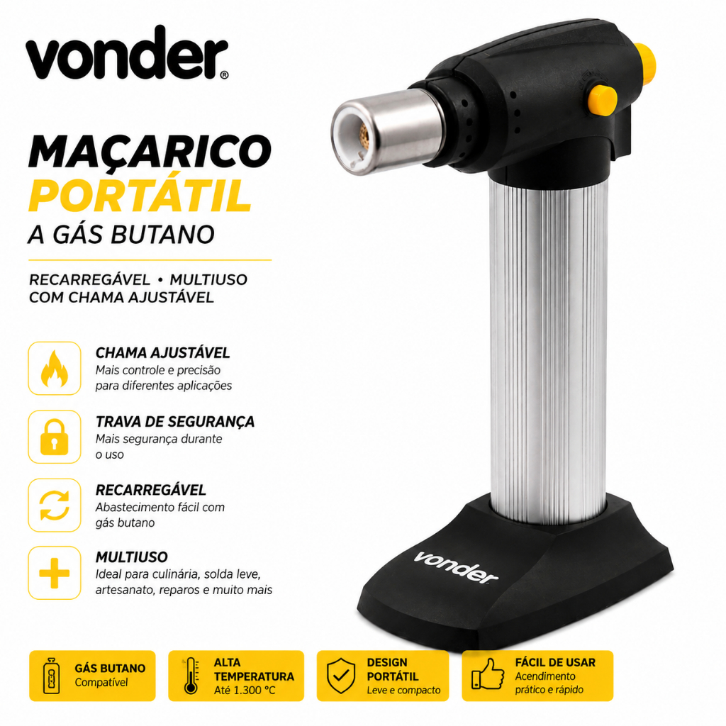 Maçarico Portátil a Gás Butano Vonder Recarregável Multiuso com Chama Ajustável