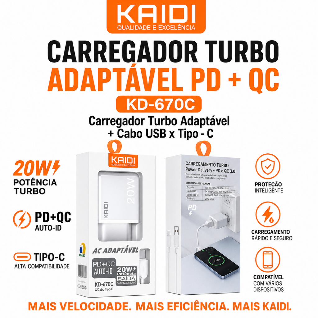 20w Fonte Turbo com entrada Tipo-C e USB  KAIDI KD-670 Carregador de Tomada