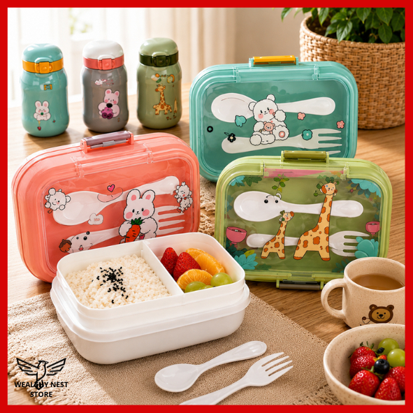 Kit Marmita Lancheira Com Garrafa De 400ML Redonda/Quadrada Para Crianças Kids Prático Hermético Compacto