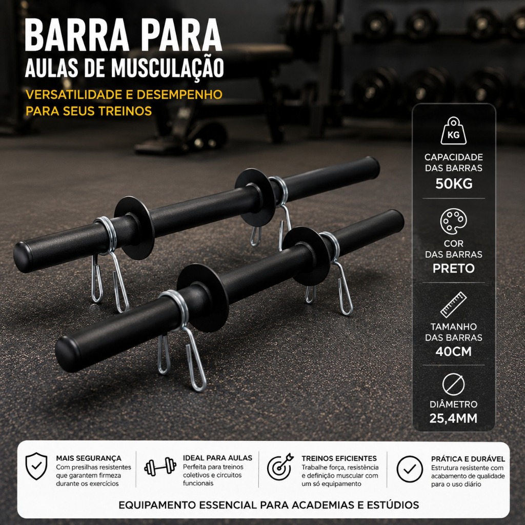 PAR DE BARRAS OCAS 40CM PARA HALTERES COM PRESILHAS Ideal para Anilhas  Musculação  Academia Treino Funcional  Supo