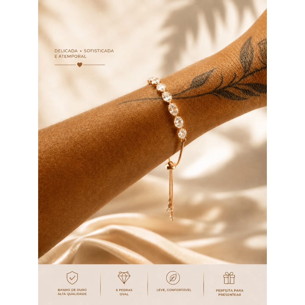 PULSEIRA AJÚSTAVEL COM ZIRCONIA OVAL  FOLHEADA A OURO 18 K E PRATA 925 FEMININA FESTA