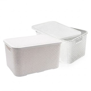 Kit 2 Caixas Cesto Rattan Organizadora c/ Tampa Multiuso