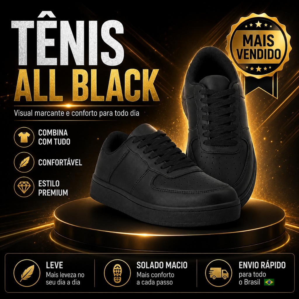 Tênis Casual Masculino Feminino All Black Confortável Conforto Lançamento 2026 - 34 ao 43 - Promoção