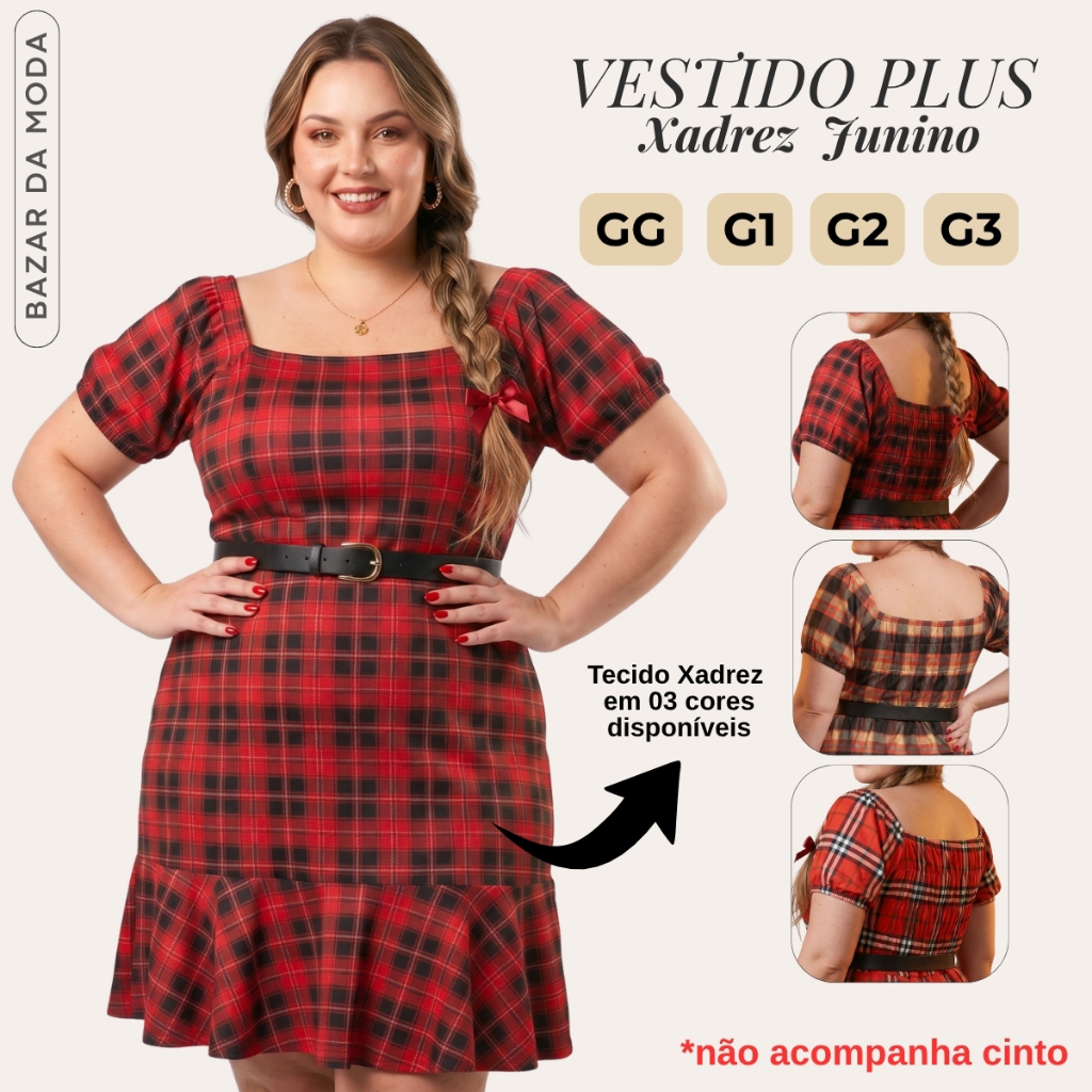 Vestido Plus Size Feminino Xadrez Rodado Festa Junina São João Ciganinha Manga Curta GG ao G3