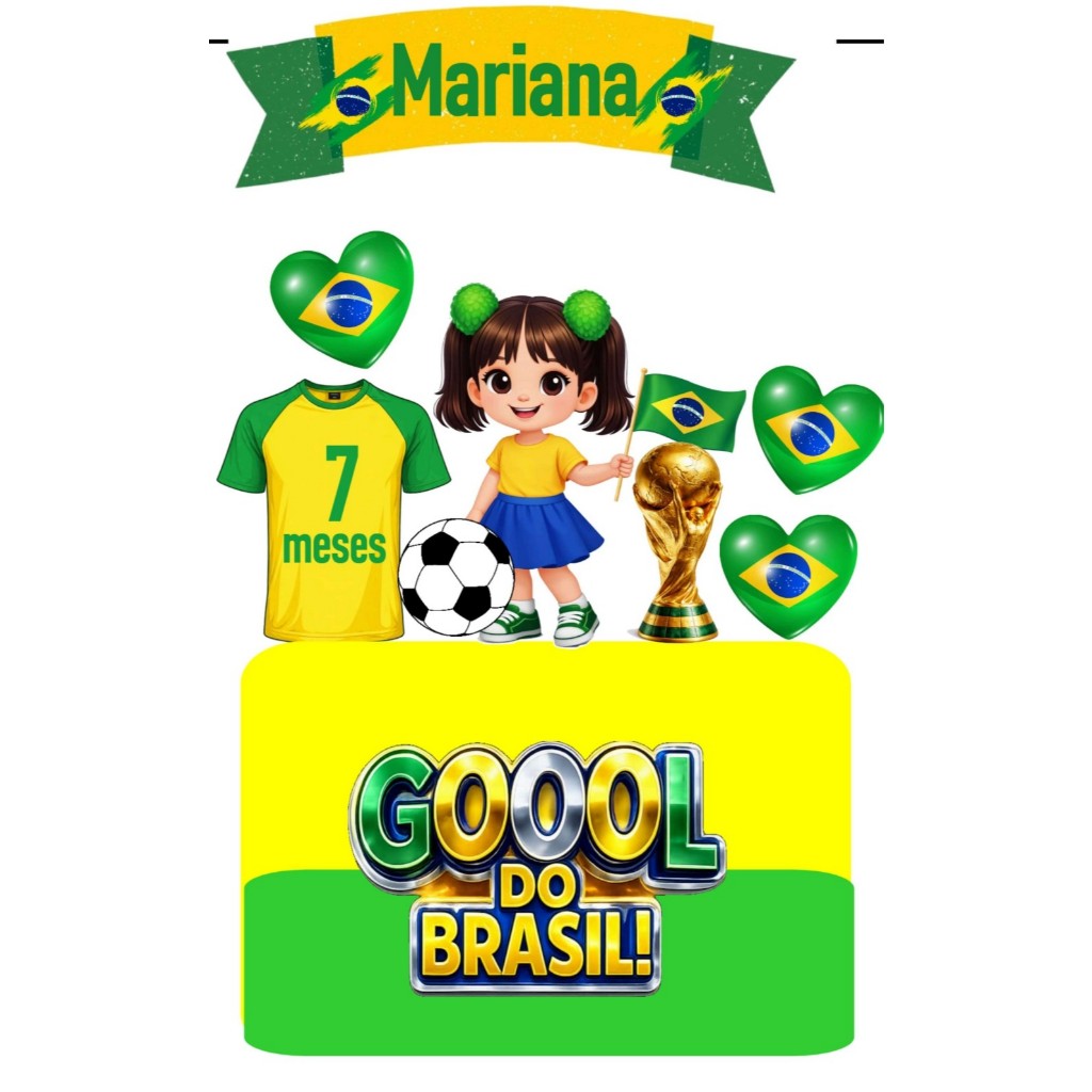 Topo de Bolo Futebol Brasil Personalizado Nome e Idade - Tema Seleção Brasileira Copa do Mundo