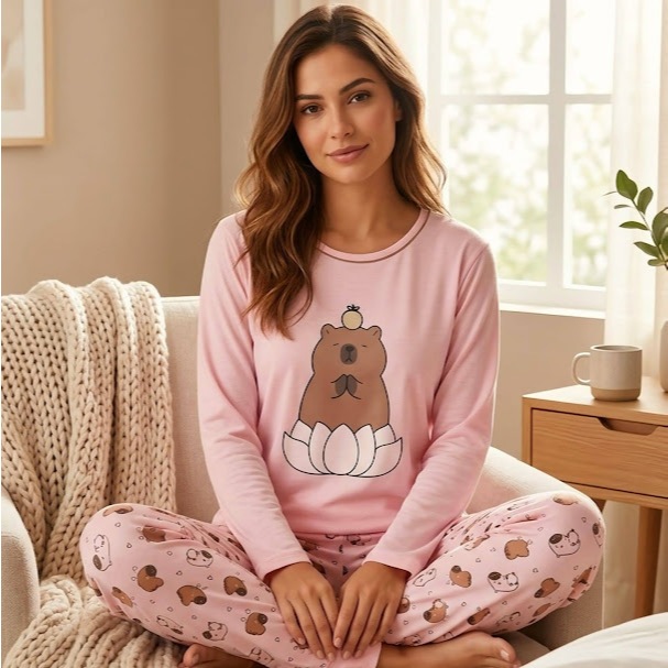 Pijama Inverno Capivara e Personagens Feminino PP ao Plus Size Manga Longa Malha PV Light Ref. 9320