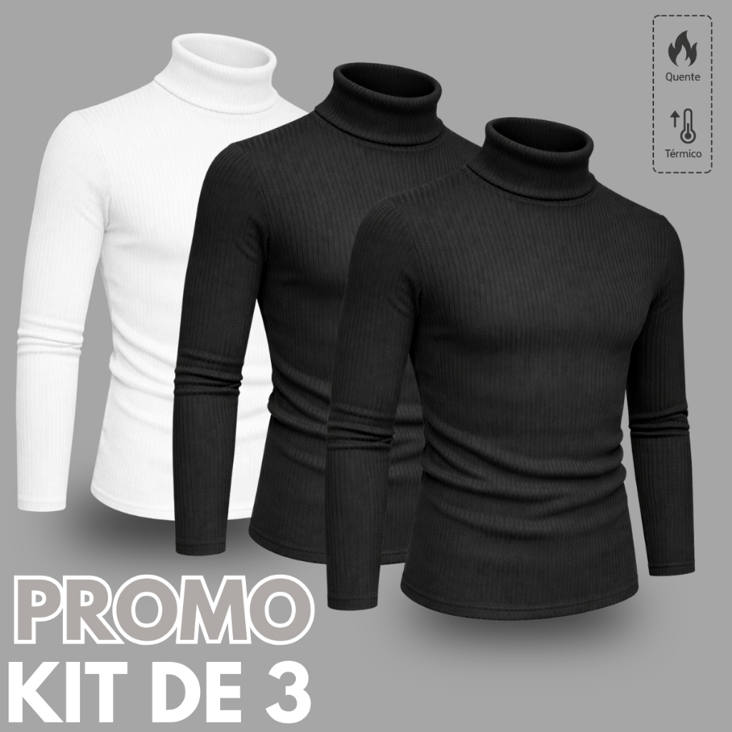 Kit 3 Camisetas Masculina Manga Longa Gola Alta Cacharrel