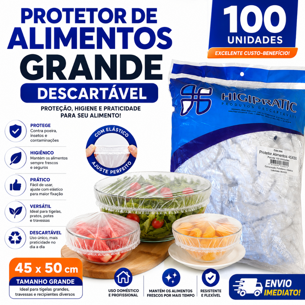 Protetor de Alimentos Grande 45x50cm 100UN Tampa Descartável Filme Plástico Restaurante Cozinha