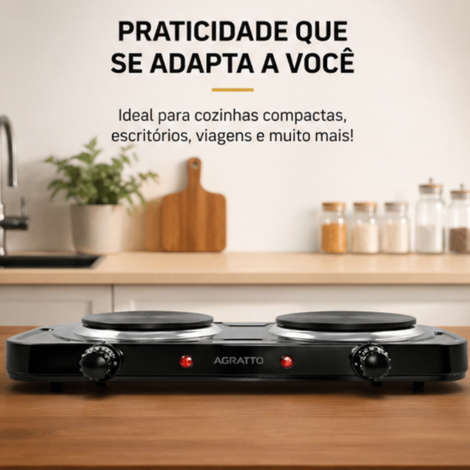 Fogão Elétrico Agratto 2 Bocas 2500W Cooktop Portátil Mesa Preto Controle Temperatura Casa Ajustável