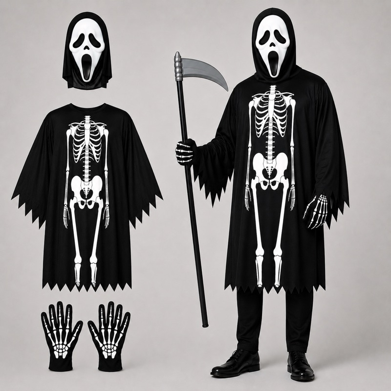 Fantasia Completa Pânico (Capa de Esqueleto Máscara Foice Luva) Halloween
