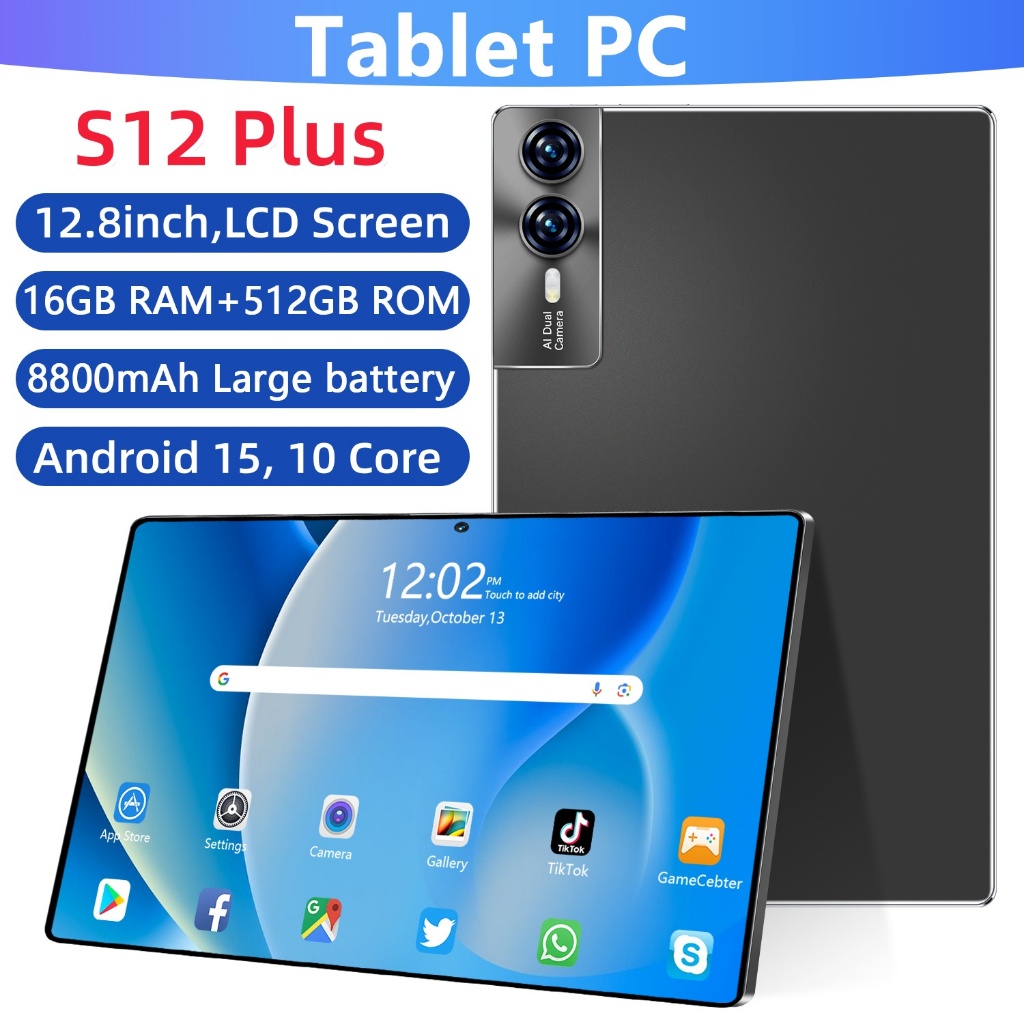 【Teclado e Mouse Grátis】Tablet S12 Plus de 12,8 polegadas, 16 GB de RAM e 512 GB de armazenamento | Bateria de 10000 mAh