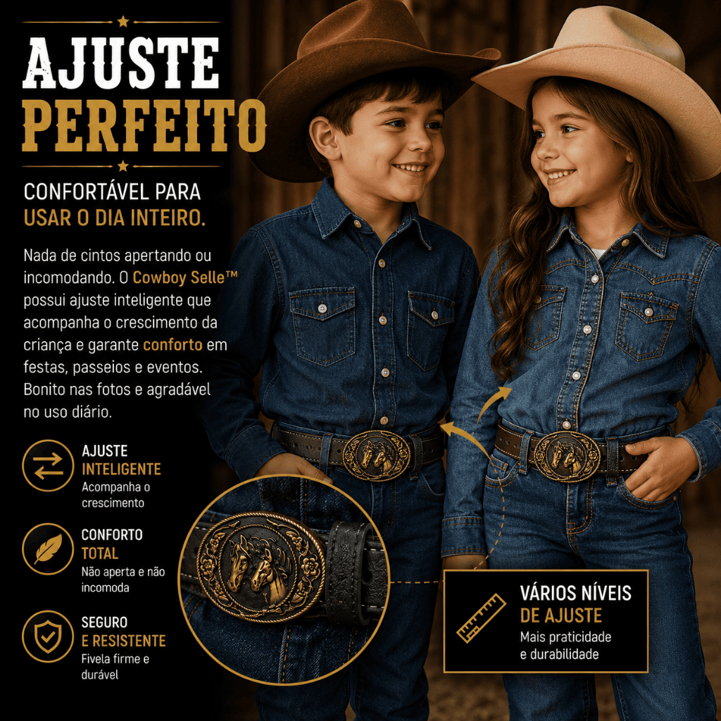 Cinto Country Infantil Menino e Menina Fivela Peão Sertanejo Festa Junina Rodeio 2 Cavalo Impossível Não Amar!
