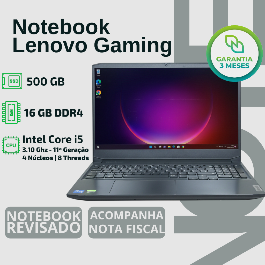 Notebook Lenovo Gaming | I5 | Geforce Gtx 1650 | 16gb 500gb - GAMER JOGOS PROFISSIONAL DESIGN EDIÇÃO LAZER OFFICE QUALID
