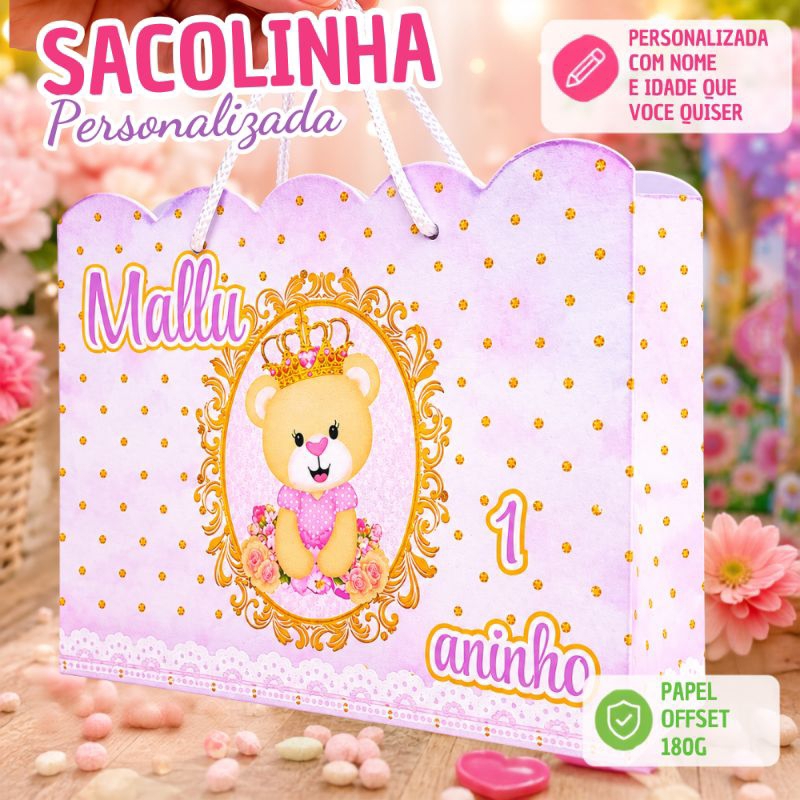 Sacolinha Personalizada Ursinha Princesa Luxo Menina | Lembrancinha Festa 1 Aninho | Bolsinha com Nome e Idade