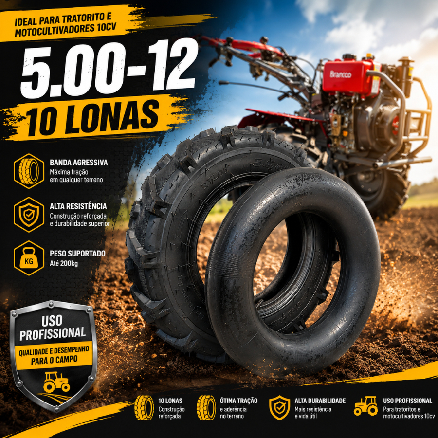 Pneu 500-12 + Câmara de Ar Motocultivador C/ Cravos Tratorito Tobata 10cv