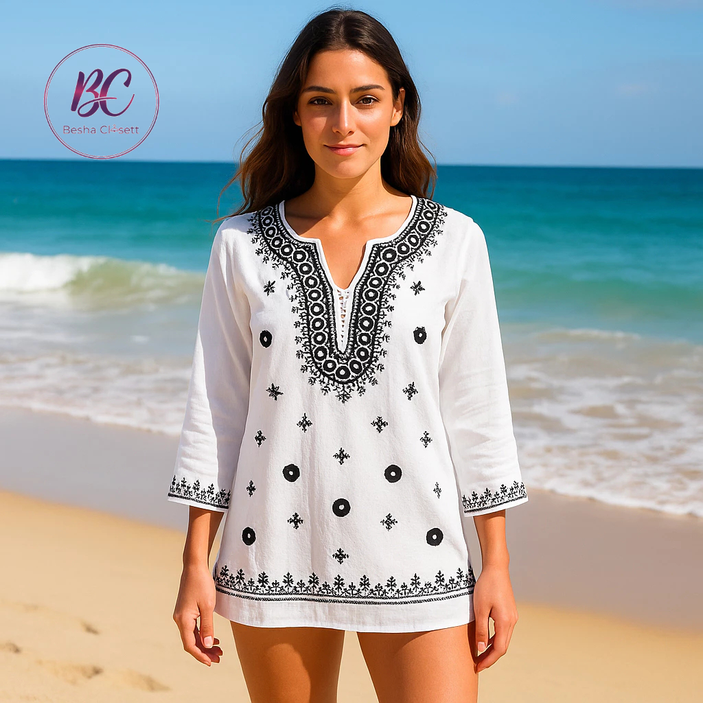 Bata Blusa Soltinha Índia Algodão Praia Branca Detalhes Bordada Preta Tam P M G Presente