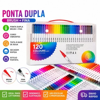 Kit Caneta Brush Pen Dual Tip 72/80/100/120 Cores Para Lettering Desenho Colorir