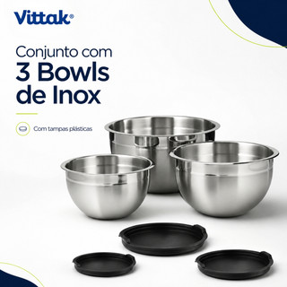 Vittak Kit 3 Bowl Tigela Aço Inox Funda Multiuso Redonda Saladeira Confeitaria Bowls Vasi…