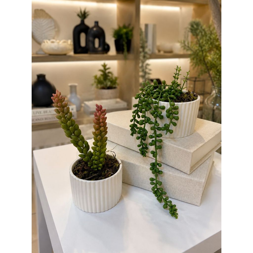 Kit 2 Vasos Para Decoração Suculenta Luxo Pendente + Cacto Artificial Toque Real