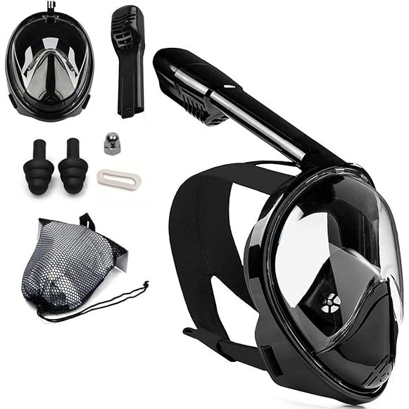 Kit Máscara de Mergulho Snorkel Full Face Anti-Fog Adulto (Preto G/GG) Apresenta pequenos aranhadinhos