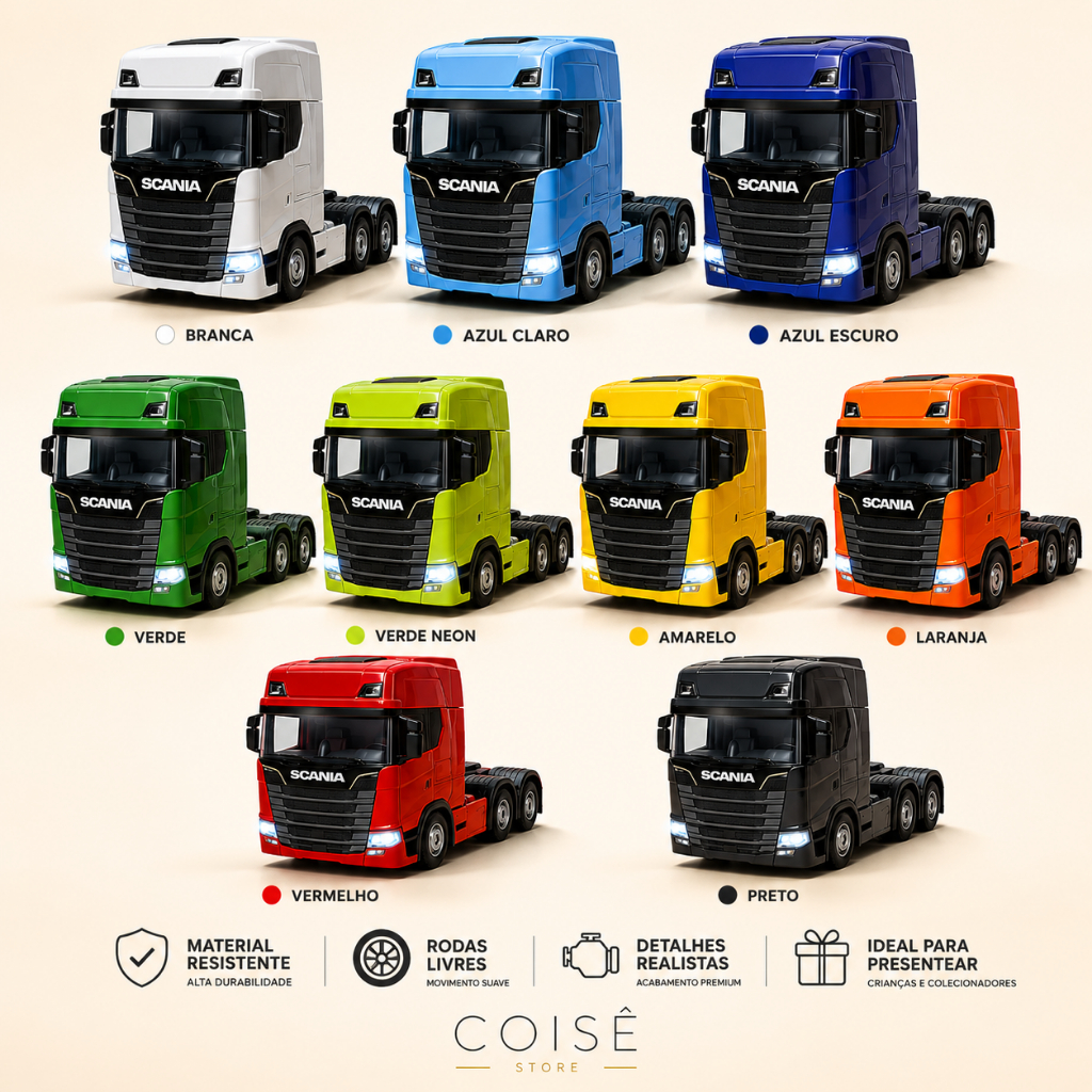 Miniatura Caminhão Scania 7705 Com Som e Luz Cabine Trucado, Basculante em Metal, Pneus de Borracha