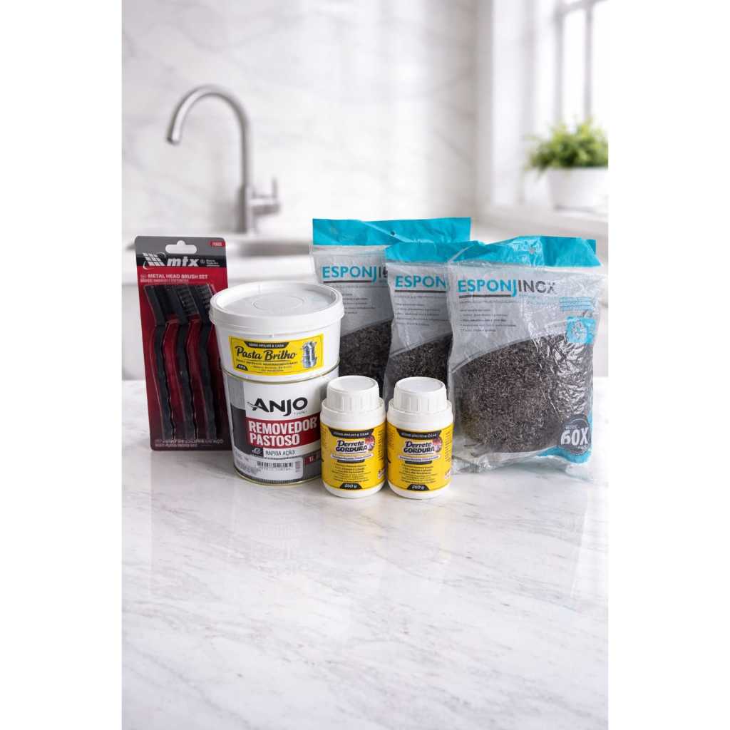 kits 2 derrete gordura,1 pasta brilho de 450g, 1 removedor pastoso,1 jogo de escovas,1 jogo de esponja de aço 3 unidade