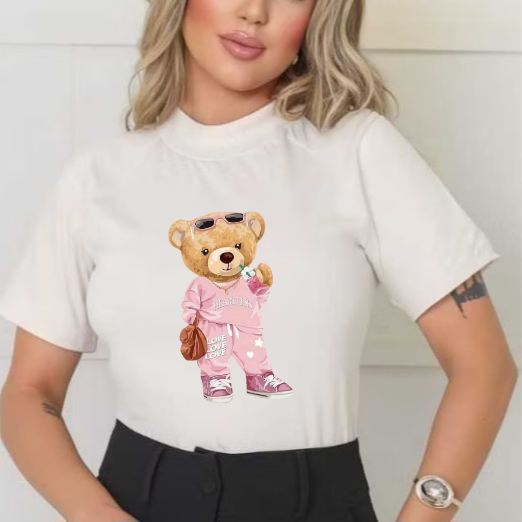 T-Shirt Camiseta Feminina Algodão Ursa Fofa Fashion Estilosa Versátil Confortável Macia