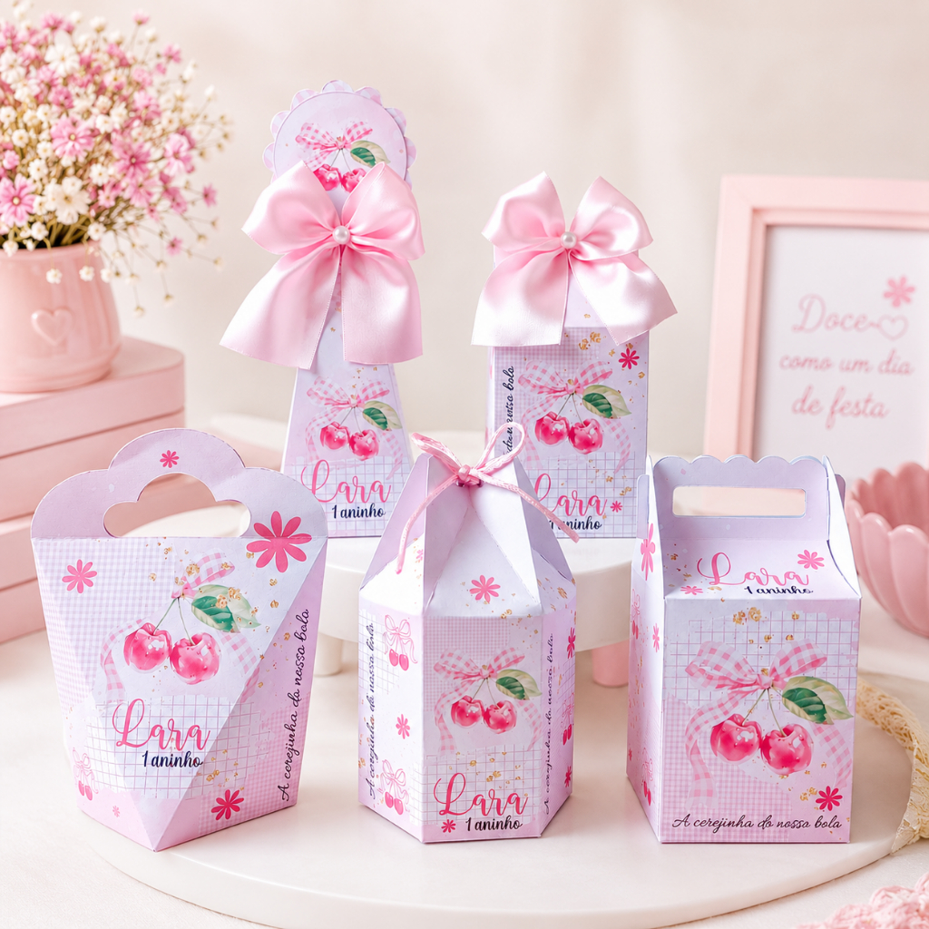Kit Personalizado Cerejinha Rosa (Pegue e monte) Lembrancinha Caixinhas para festa de Menina Aniversário