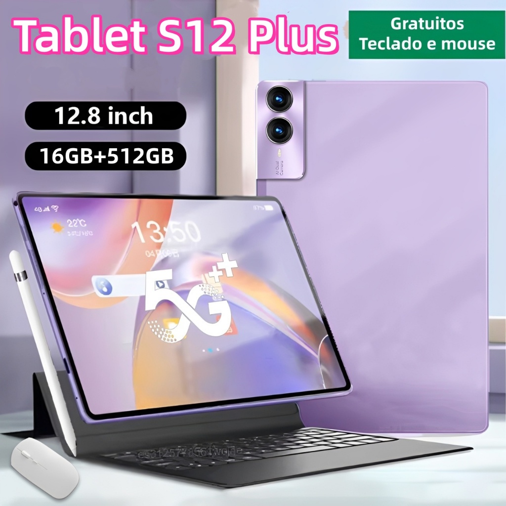 【Teclado, mouse e alto-falantes gratuitos】Tablet  S12 Plus 16 GB + 512 GB 10000 mAh 12,8 polegadas HD Dual SIM Wifi